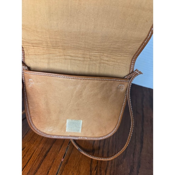 Vintage Tan Leather Crossbody Bag Woven Textile Accent Boho Small Saddle Purse - Picture 5 of 7